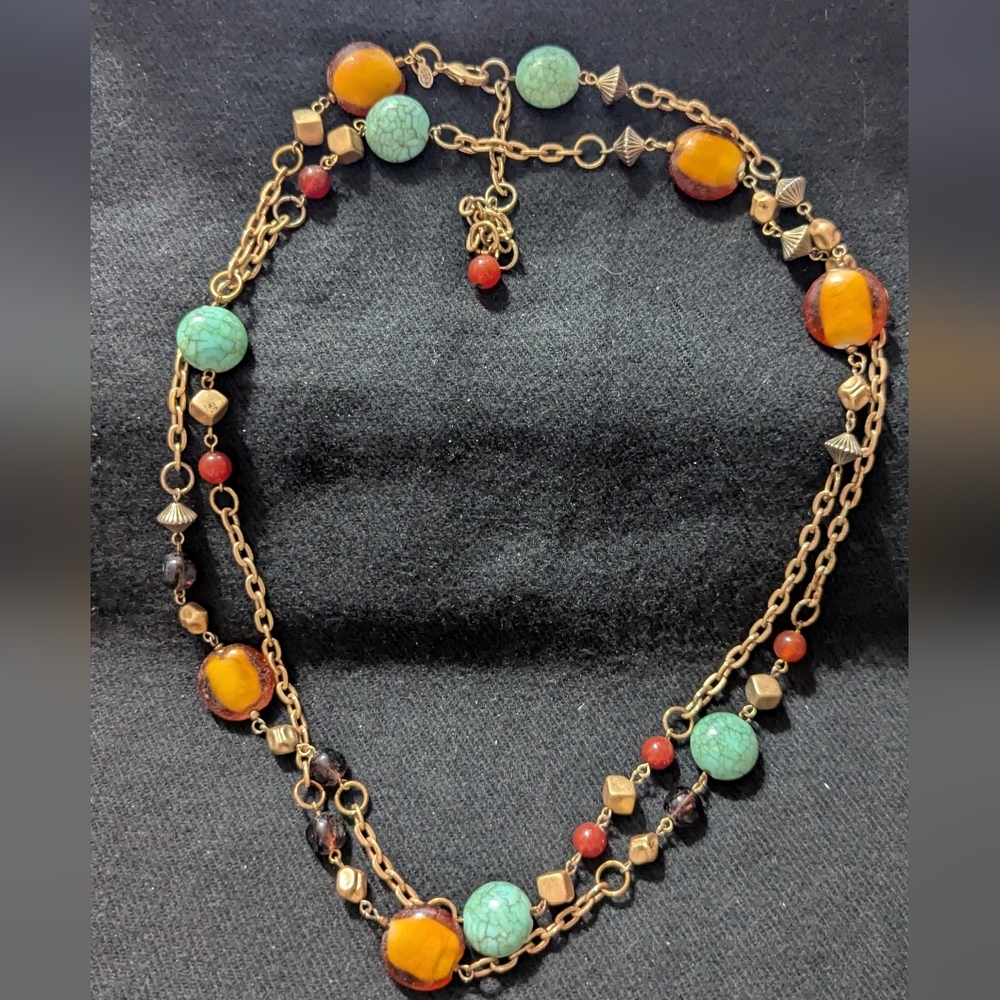 Premier Designs Gold Tone Red Orange Blue Beaded Long Statement Necklace